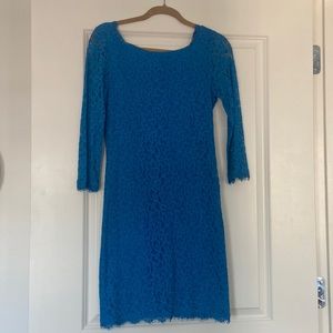 DVF lace zip up dress in blue, size 8